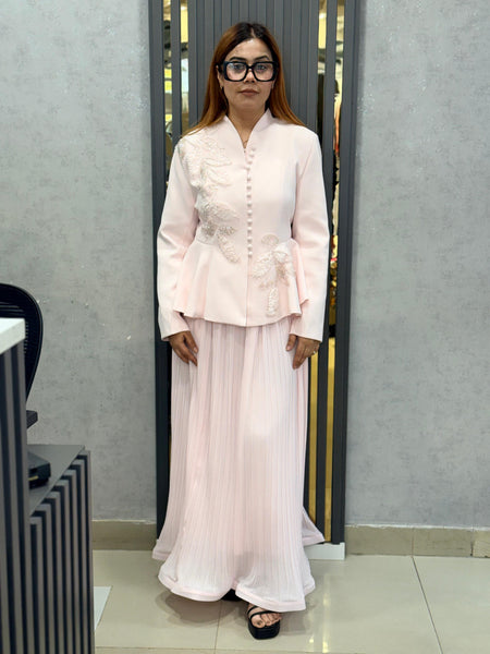 Embellished Structured Peplum Jacket with Pleated Skirt