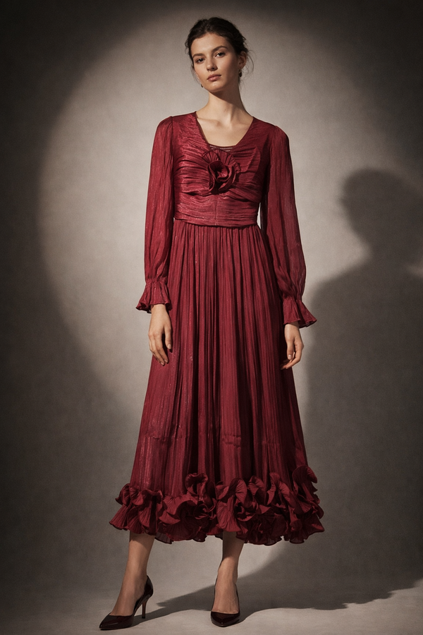 Textured Floral Detail Midi Dress