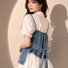 Layered Denim Corset Top with Shirt