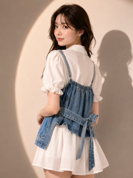 Layered Denim Corset Top with Shirt