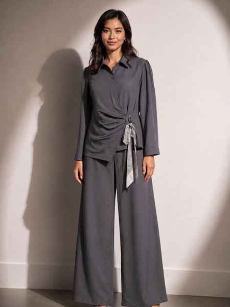 Draped Tie-Detail Shirt & Wide-Leg Trouser Co-Ord Set
