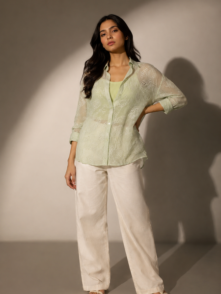 Embroidered Sheer Shirt with Knit Camisole Set