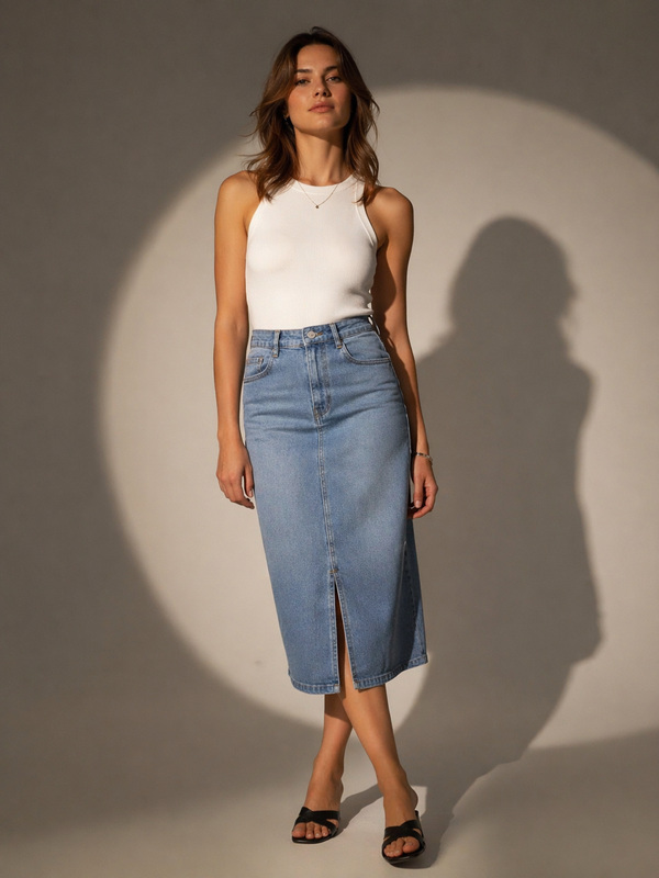 Structured Denim Midi Skirt