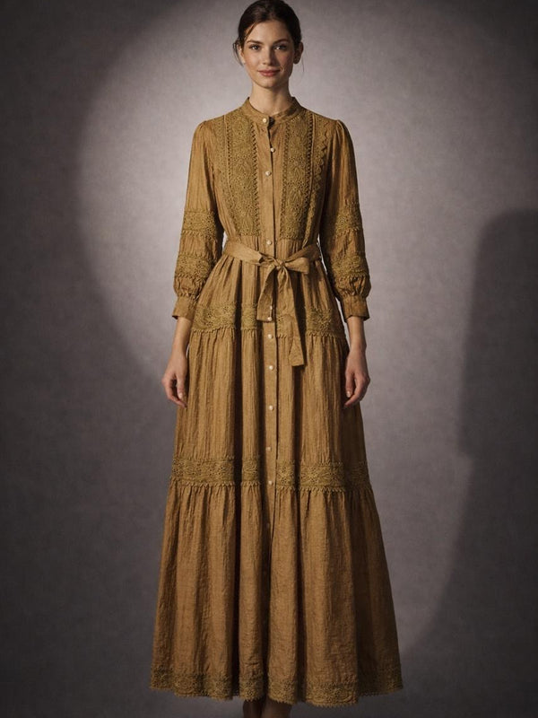 Tiered Embroidered Button-Front Maxi Dress