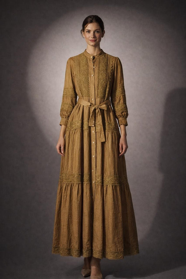 Tiered Embroidered Button-Front Maxi Dress