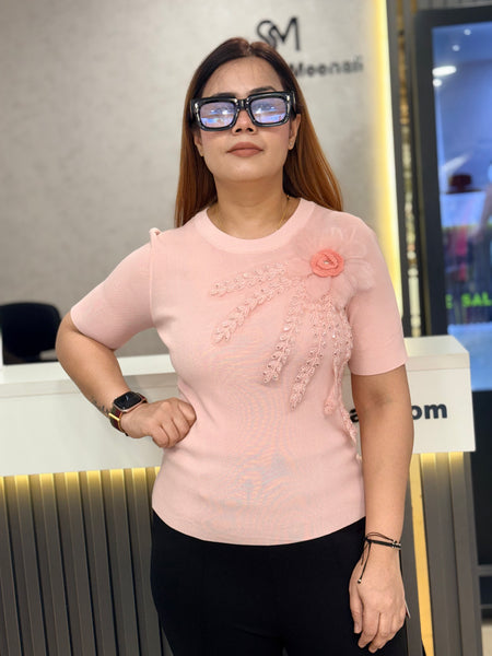 Floral Appliqué Fine Knit Top