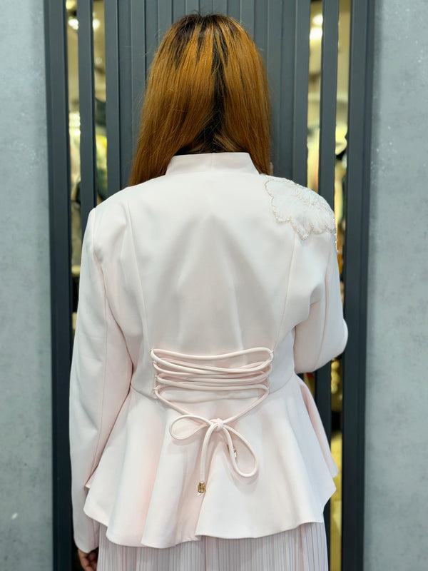 Embellished Structured Peplum Jacket with Pleated Skirt