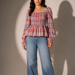 Smocked Check Peplum Top