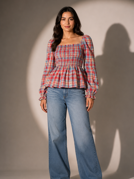 Smocked Check Peplum Top
