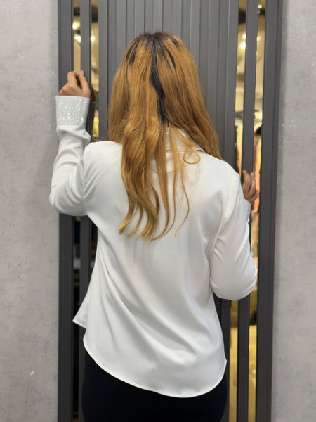 Satin-Feel Shirt with Embellished Tie Detail