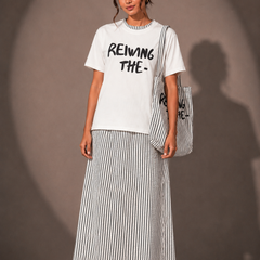 Slogan T-Shirt and Striped  Skirt top