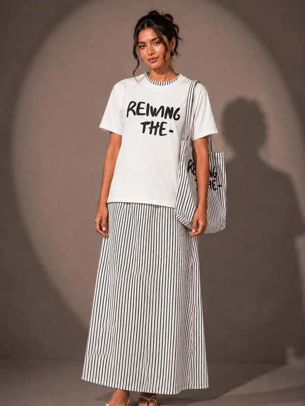 Slogan T-Shirt and Striped  Skirt top