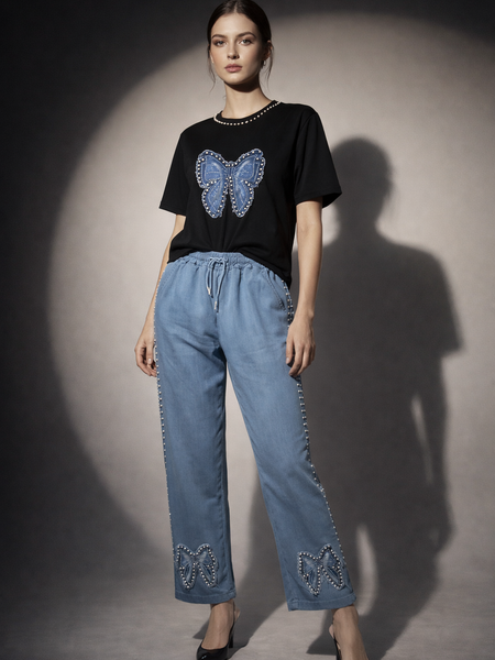 Embellished Bow Motif T-Shirt & Relaxed Trousers Set