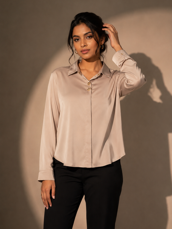 Satin Shirt with Statement Button Detail