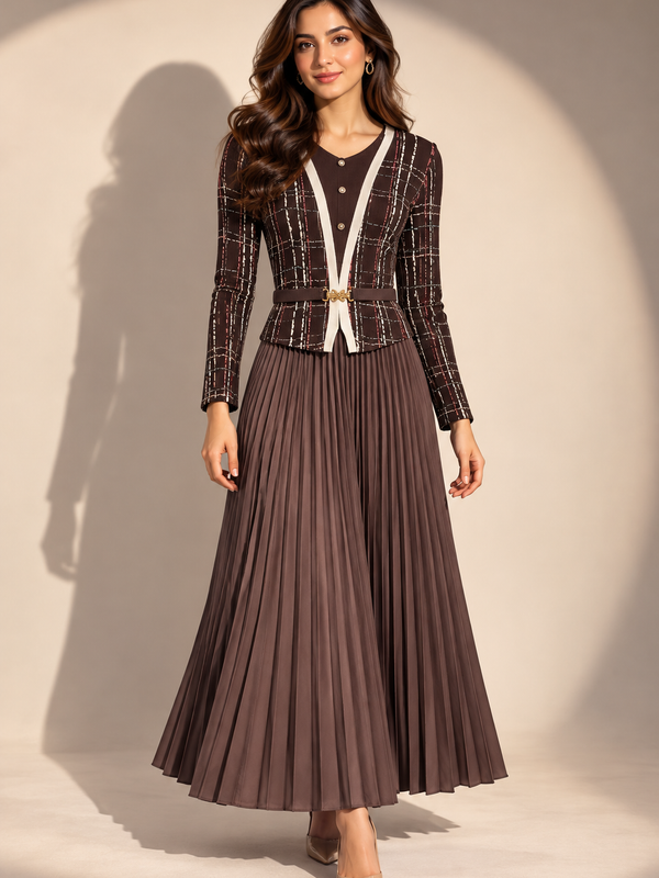 Tailored Check Knit Jacket & Pleated dress