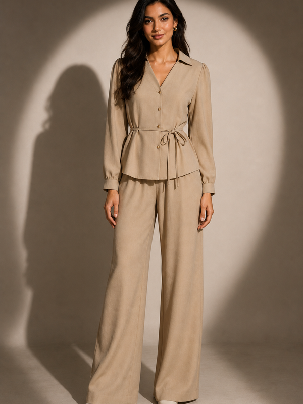 Tie-Waist Shirt & Wide-Leg Trouser Co-Ord Set
