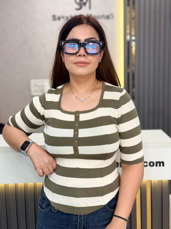 Striped Ribbed Button Knit Top