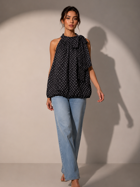 Polka Dot Halter Neck Bubble Hem Top