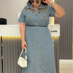 Embellished Denim Shirt Midi Dress