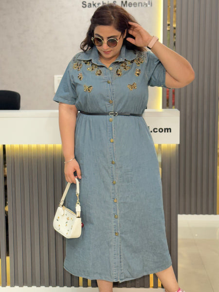 Embellished Denim Shirt Midi Dress