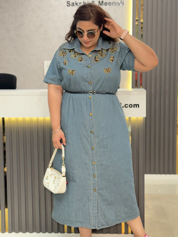 Embellished Denim Shirt Midi Dress