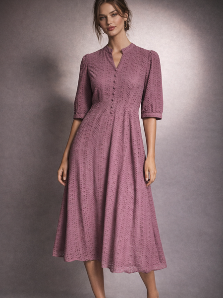 Broderie Midi Dress with Button Detail