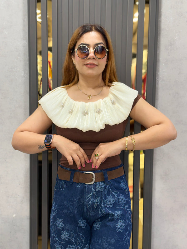 Pleated Ruffle Neck Top