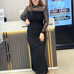 Draped Mesh Panel Maxi Dress