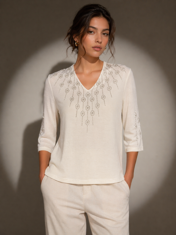Embroidered V-Neck Textured Top