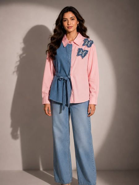 Contrast Panel Belted Shirt