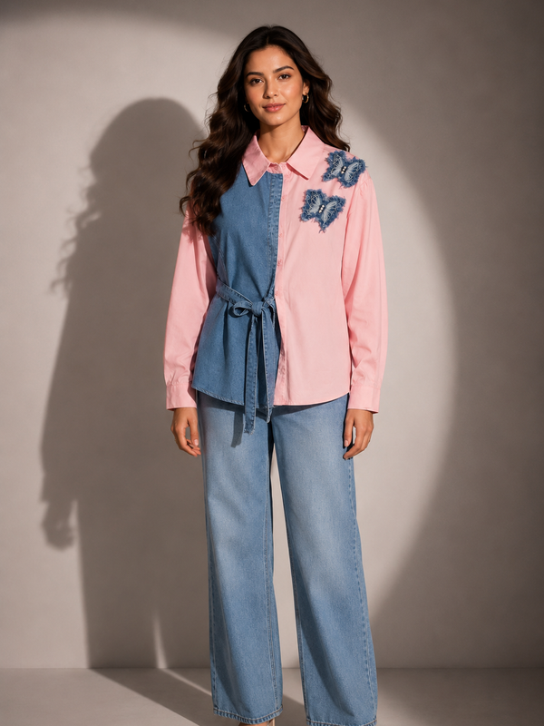 Contrast Panel Belted Shirt