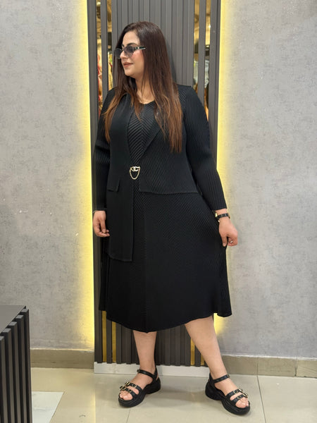 Textured Knit Midi Dress with Coordinated Open-Front Jacket