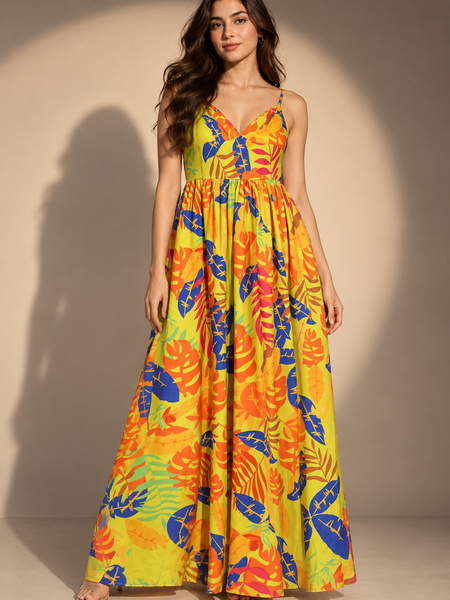 Tropical Print Strappy Maxi Dress