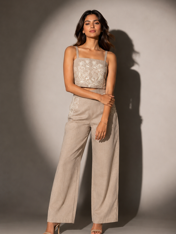 EMBROIDERED CROP TOP & WIDE-LEG TROUSERS SET