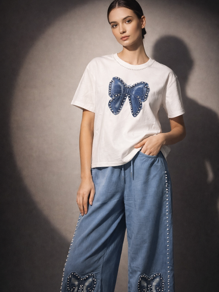 Embellished Bow Motif T-Shirt & Relaxed Trousers Set