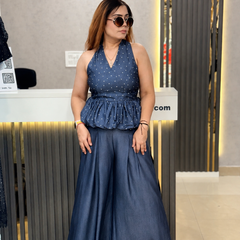 Halter Neck Peplum Top & Wide-Leg Co-Ord Trousers