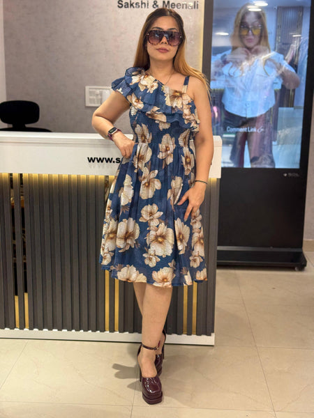 Asymmetric Ruffle Floral Midi Dress