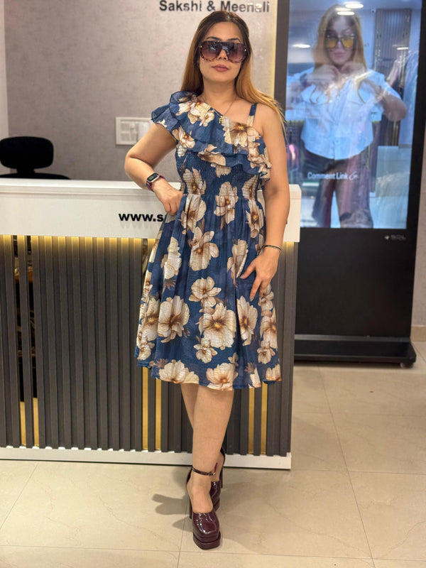 Asymmetric Ruffle Floral Midi Dress