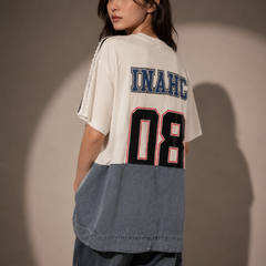 Patchwork Denim Panel Oversized Graphic T-Shirt