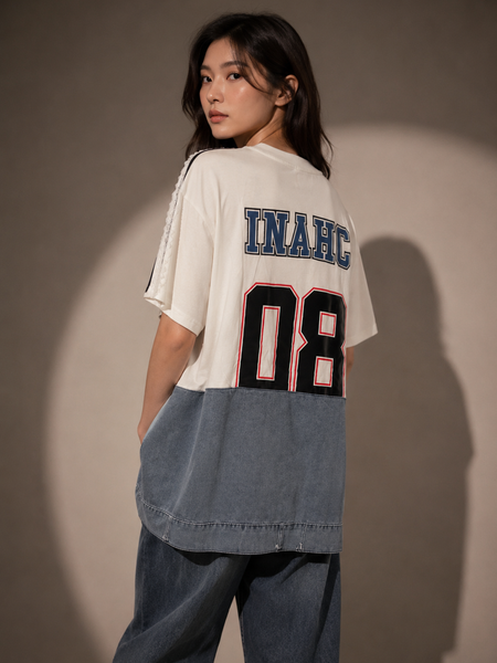 Patchwork Denim Panel Oversized Graphic T-Shirt