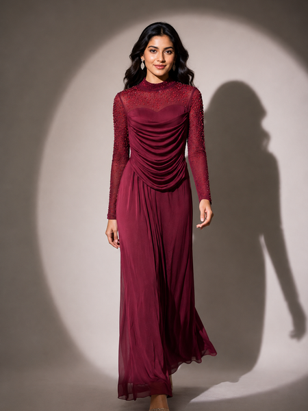 Draped Mesh Panel Maxi Dress