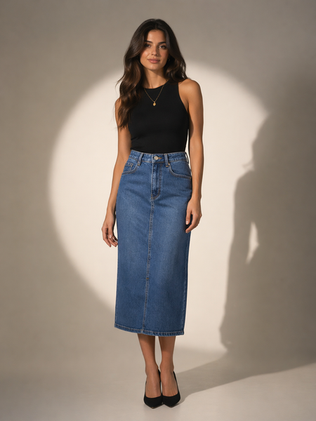 Structured Denim Midi Skirt