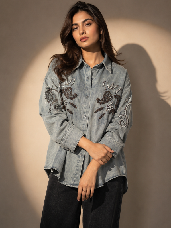 Embroidered Oversized Denim Shirt