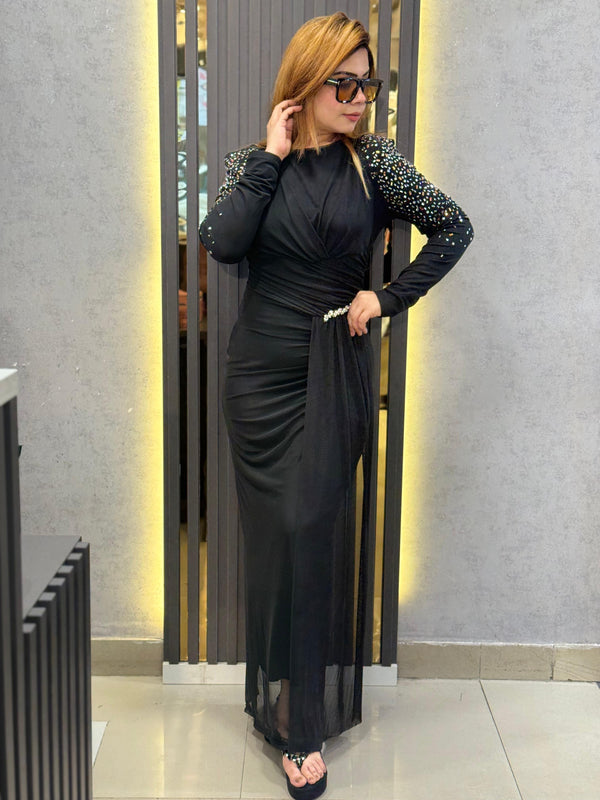 Draped Maxi Dress with Embellished Detail