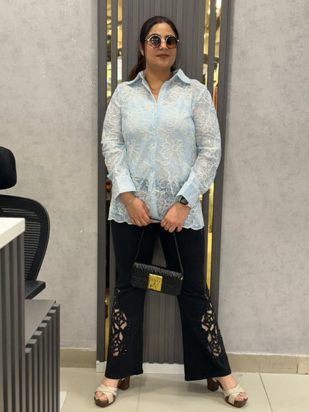 Sheer Floral Embroidered Shirt