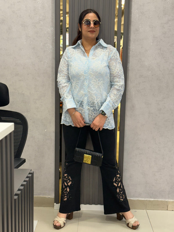 Sheer Floral Embroidered Shirt