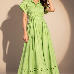 Embroidered Belted Shirt Dress