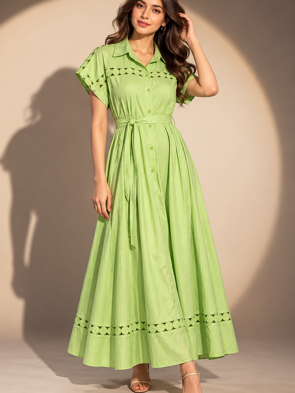 Embroidered Belted Shirt Dress