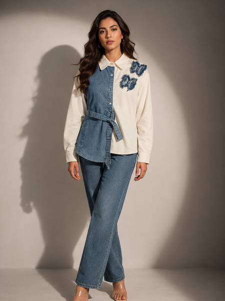 Contrast Panel Belted Shirt