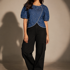 Pearl-Embellished Denim Top
